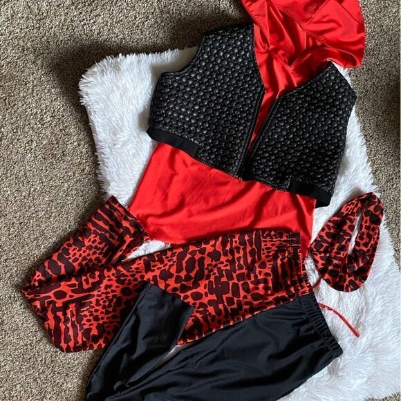 Revolution Dancewear 4 Piece Costume Black Vest Red Top Animal Print Pants Tie - Picture 10 of 16